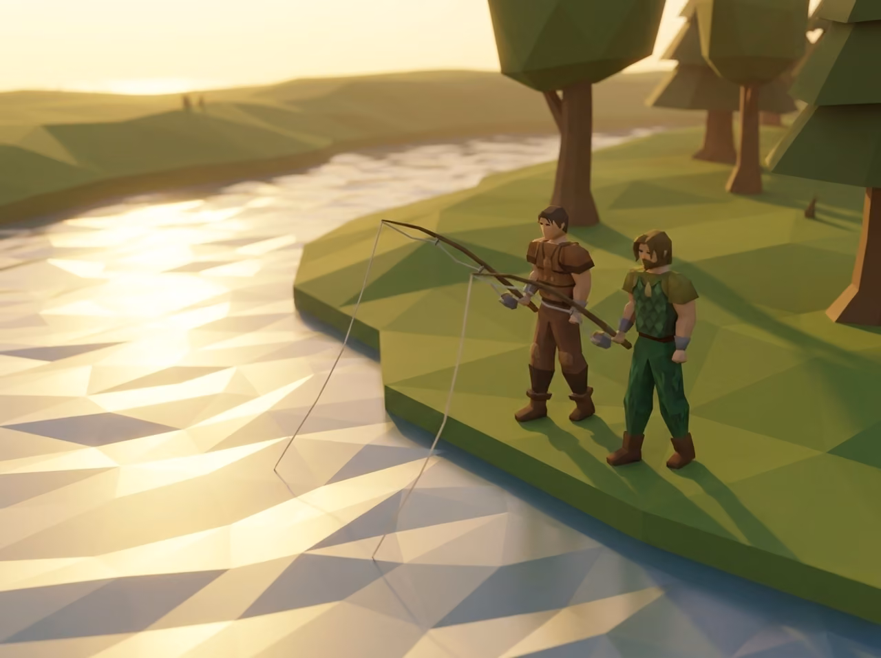 Two Old School RuneScape players standing side by side, fishing at a golden riverbank — the way you remember it